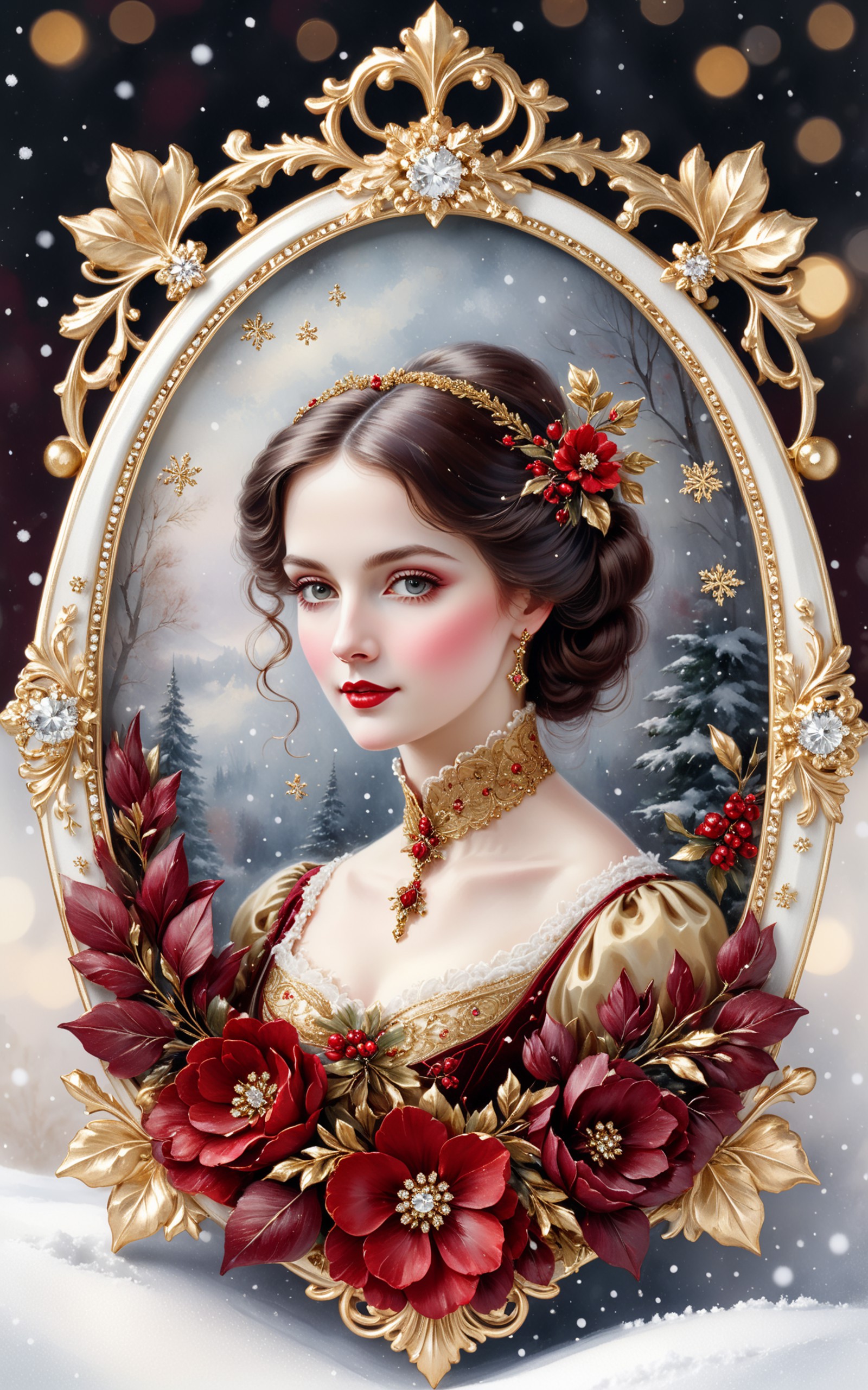 A beautiful winter, Christmas floral style portrait of a lovely Victorian lady with a vintage frame in shades of dark red ...